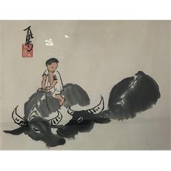 Circle of Li Keran (Chinese 1907-1989): Shepherd Riding Water Buffaloes, ink and wash on paper signed with artists seal 25cm x 33cm