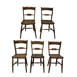 Set five 19th century farmhouse chairs, the cresting and back rail over elm seat, raised on turned supports, united by a stretcher 