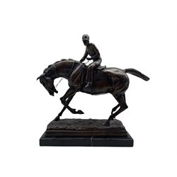 Bronze model of a racehorse with jockey up on marble base H34cm x L38cm