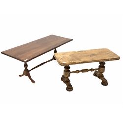 Small figured oak coffee table raised on turned supports and stretcher, together with a solid mahogany coffee table 