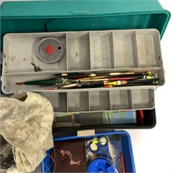 Shakespeare fishing tackle box and contents of Mitchell and other reels, flies, floats etc 