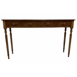 Regency style hardwood hall console table, the figured cross banded top with satinwood inlay over four cock beaded frieze drawers raised on turned reeded supports W131cm