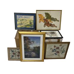 Large quantity of original pictures, framed embroideries, engravings and prints in two boxes