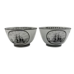 19th century salt glazed funnel H23cm and Jug, together with a pair of early 19th century bat printed porcelain tea bowls, each with two oval panels depicting figures on a headland watching ships within black borders, probably by Thomas Wolfe (4)