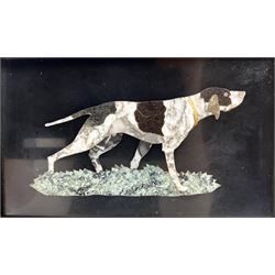 Pietra Dura plaque inlaid with marble depicting a hunting dog in undergrowth with wide frame 8cm x 13cm
