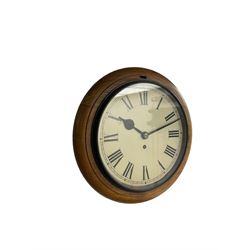 10”dial Fusee wall clock in a stained beech case with lower pendulum regulation door and case side door, painted dial with Roman numerals, minute track and steel spade hands, flat glass within a cast bezel, eight-day timepiece movement with pendulum.