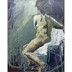 Sharman Green (British Contemporary): Seated Female Nude Study, oil on board signed and dated 2001, 75cm x 60cm