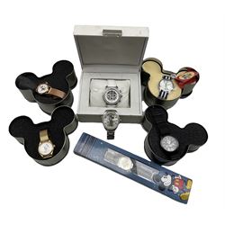 Disney wristwatches comprising four Ingersoll wristwatches in Mickey Mouse shaped tin cases, Limited Release Mickey Mouse wristwatch in case, Ingersoll Minnie Mouse stainless steel wristwatch with rhinestone decoration and another, cased (7)