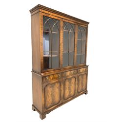 Bevan Funnell Reprodux - Georgian style mahogany library bookcase on cupboard, dentil cornice over three tracery glazed doors enclosing nine shelves, three drawers and three fielded panelled cupboard doors to base, raised on bracket supports W150cm, H200cm, D40cm