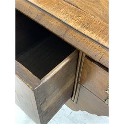 Queen Anne style walnut lowboy, the top with herringbone inlay and moulded edge over three oak lined drawers and a shaped apron, raised on cabriole supports