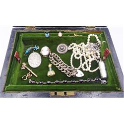 9ct gold jewellery including sparrow brooch,  cameo ring and brooch, T-bar and links, 18ct gold mounted glass pedant with gold flakes, silver locket by Georg Jensen and a silver money holder pendant necklace, silver bracelet etc and two pearl necklaces, in inlaid wood jewellery box