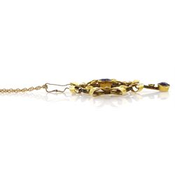 Edwardian gold amethyst and seed pearl pendant, stamped 9ct, on later 9ct gold chain