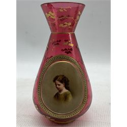 19th century Bohemian cranberry glass vase painted with a portrait of a young girl, H16cm, a green and white overlay glass scent bottle, both a/f and a 19th century 'Tear Catcher' scent bottle with gilt highlights (3)