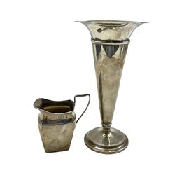 Silver trumpet shape vase with crimped rim and circular weighted foot H20cm Birmingham 1945 and a silver cream jug Birmingham 1901
