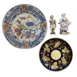 Pair of matching Meissen porcelain figures, 18th/ 19th century Chinese Export plate decorated in the Imari palette D23cm and a 19th century saucer (4)