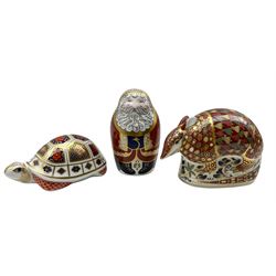 Three Royal Crown Derby paperweights comprising Armadillo, dated 1996, Santa, 1998 and Tortoise, 1995 (3)
