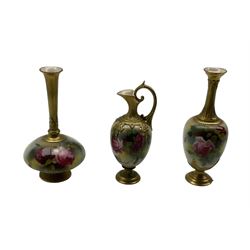 Early 20th century Royal Worcester squat vase with flared cylindrical neck, hand painted with roses, shape no. 1748, another of bottle form, hand painted with roses, shape no. 281 and ewer (3) 