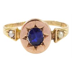 Early 20th century rose gold synthetic sapphire and seed pearl ring