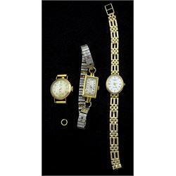 Rotary Elite 9ct gold ladies quartz bracelet wristwatch, Avia 9ct gold manual wind wristwatch and one other 9ct gold wristwatch, on gilt expanding strap