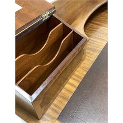 Carlton House style inlaid mahogany break bow front desk, the raised back with open shelf and two hinged trinket compartments over inset leather writing surface, fitted with four short and one long drawer, raised on square tapered supports with peg feet W122cm, H99cm, D60cm