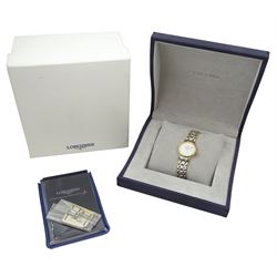 Longines Presence ladies stainless steel and gold-plated quartz wristwatch, Ref. L4.220.2, white dial with date aperture, boxed