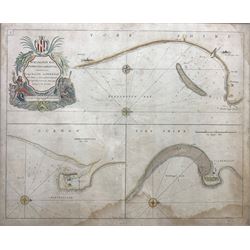 After Greenvile Collins (British 1643-1694): 'Burlington Bay, Scarbrough & Hartlepoole', hand coloured engraved sea chart of Bridlington Bay and Scarborough, dedicated to Captain Ralph Sanderson, together with limited edition engraving map of Whitby 38/500,  and After Samuel Buck (British 1696-1779) and Nathaniel Buck (British 18th century): 'The South Prospect of Scarborough, in the County of York, hand-coloured lithograph, max 50cm x 60cm (3)