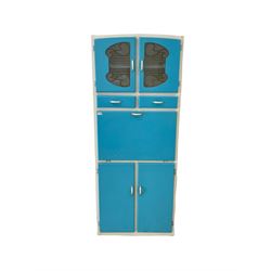 20th century blue kitchen cabinet with five cupboards and two drawers