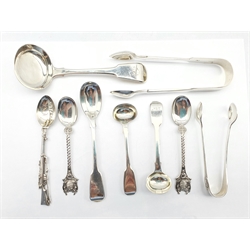 George III silver fiddle pattern toddy ladle London 1781, William IV long handled mustard spoon, silver Lee-Metford rifle spoon Chester 1905 and other items (9)