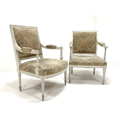 19th century white painted open armchair with bow fronted seat on fluted turned supports and another similar