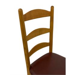 Treske Furniture - set of eight (6+2) elm 'Shaker' design dining chairs, shaped ladder back over leather upholstered seat, on turned supports united by stretchers