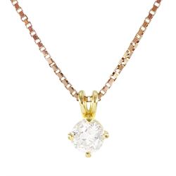 18ct gold single stone old cut diamond pendant, on 9ct gold box link chain necklace, diamond approx 0.85 carat