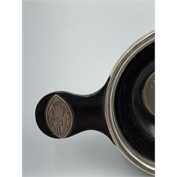 19th century Scottish horn and silver mounted quaich, the turned bowl interior centrally applied with a roundel inscribed 'Squab Asi'  ('Sweep it up'), flaked by two further mounts engraved with a Celtic Cross and Thistle, L14cm
