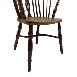 19th century yew wood and elm Windsor armchair, double hoop and stick back with pierced splat, dished seat on turned supports joined by crinoline stretcher