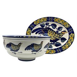 Royal Copenhagen Blue Pheasant pattern large centrepiece bowl and oval platter, created after the original paintings by C. Joachim, bowl D39cm, platter L51cm (2)