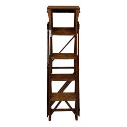 Jones's Patent - early 20th century pine library or shop step ladder, five tread, with patent lattice work mechanism, stamped with maker, serial number and dated 1919