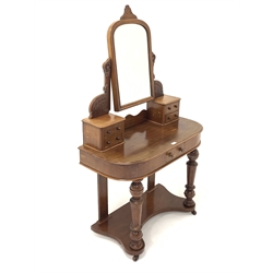 Victorian mahogany duchess dressing table, with angle poised arched mirror over four trinket drawers, bow front top with single frieze drawer, raised on turned front supports united by under tier, terminating in ceramic castors, W90cm, H150cm, D43cm