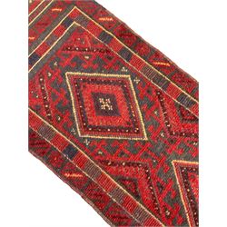 Meshwani red and blue ground runner, decorated with four lozenges within geometric bandings