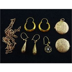 Two pairs of gold earrings, gold link necklace, Edwardian gold pendant locket, Chester 1908  and one other single earring, all 9ct tested or hallmarked 