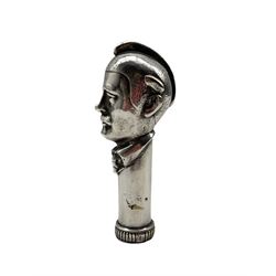 Early 20th century silver-plated walking stick grip, cast in the form of a man wearing a helmet with comb cresting, H12cm 