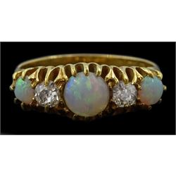 Early 20th century five stone opal and old cut diamond ring, hallmarked