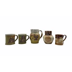 Royal Doulton stoneware jug commemorating Edward VII Coronation 1902, Doulton Lambeth Harvest mug together with a stoneware jug and pair of mugs by Martin Homer (5) 