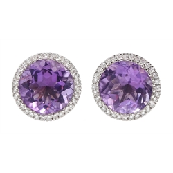 Pair of 18ct white gold amethyst and diamond circular stud earrings, hallmarked