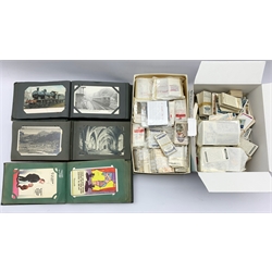 Post card album of locomotive cards, another of Continental views, another of humorous cards and two boxes of loose cigarette cards