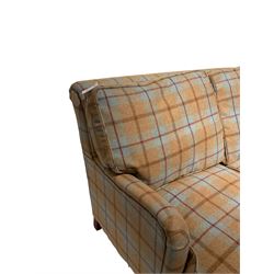 Howard design feather filled tartan pattern two seat sofa on Victorian style turned legs with castors