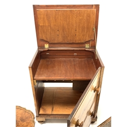 19th century mahogany commode, converted for use as a HI FI TV cabinet, (W63cm) together with a 19th century nest of two tables, the moulded rectangular tops incised with interlaced foliate enclosed by scale carved edge, raised on turned supports and stretchers, (W52cm) and a nest of three tables, (W62cm)
