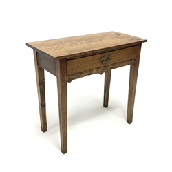 18th century oak side table, rectangular top over single drawer and shaped apron, square supports, W74cm, H67cm, D37cm