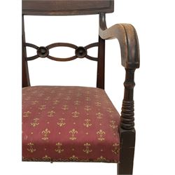 Pair early 19th century mahogany elbow chairs, centre rail pierced and carved with roundels, ring turned arm supports