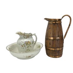 Louise pattern ewer and basin, large oak and metal banded jug and other items 