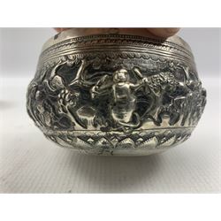 Indian white metal bowl embossed with figures D9cm, parasol handle in the form of a bat with red eyes, four piece silver mounted dressing table set and four plated pedestal salts