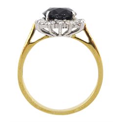 18ct gold oval sapphire and round brilliant cut diamond cluster ring, hallmarked, sapphire approx 3.50 carat, total diamond weight approx 1.30 carat